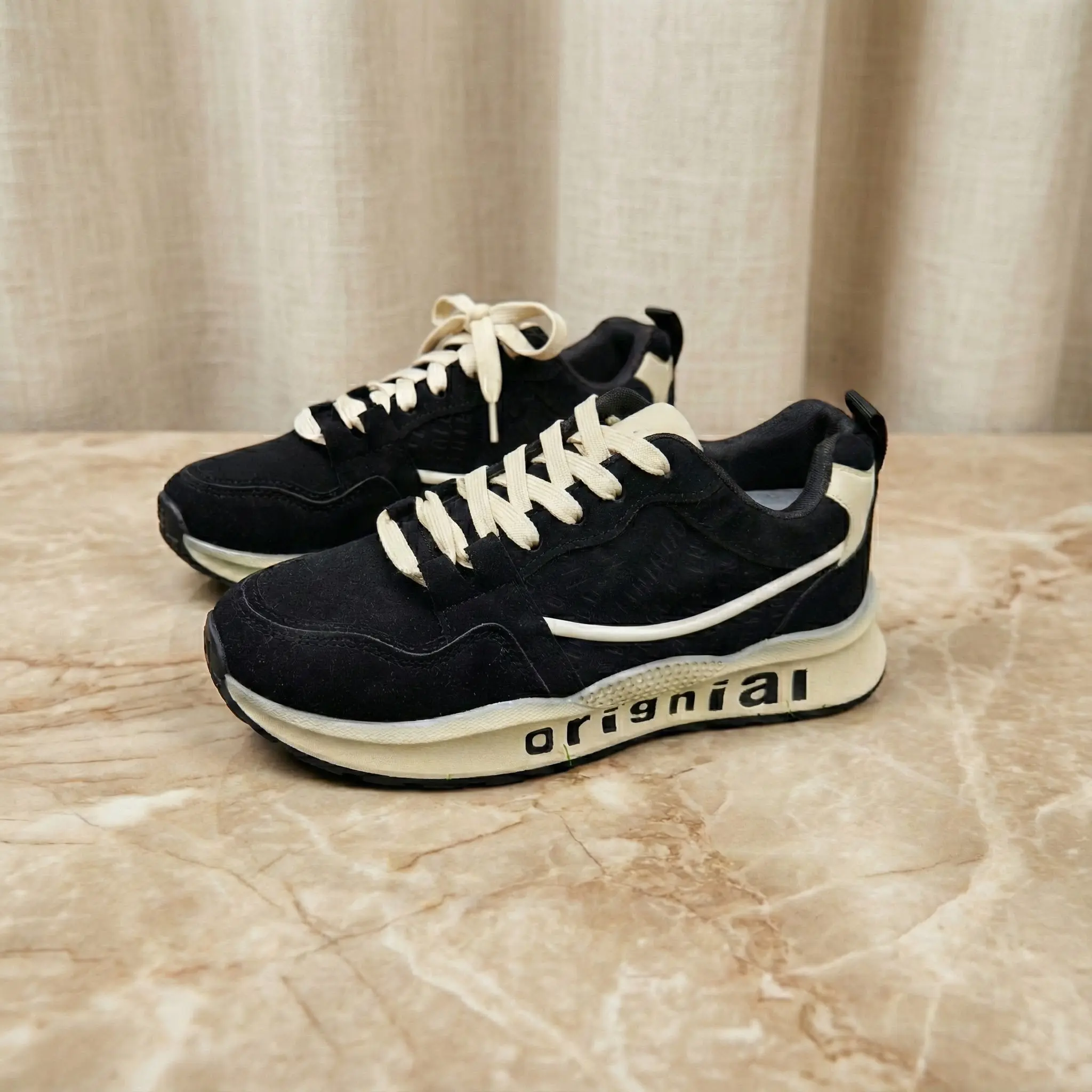 Premium Imported Chinese PU Leather Sneakers - Black & Cream Edition